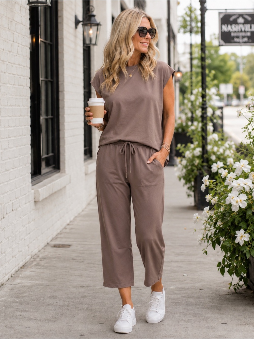 NEW Denim Brown Comfy Sleeveless Shirt Wide Leg Elastic Waist Lounge Pants Set